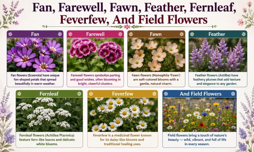 Fan, Farewell, Fawn, Feather, Fernleaf, Feverfew, And Field Flowers