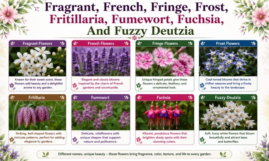 Fragrant, French, Fringe, Frost, Fritillaria, Fumewort, Fuchsia, And Fuzzy Deutzia
