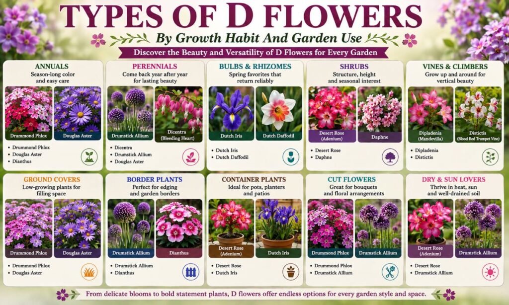 Types Of D Flowers By Growth Habit And Garden Use